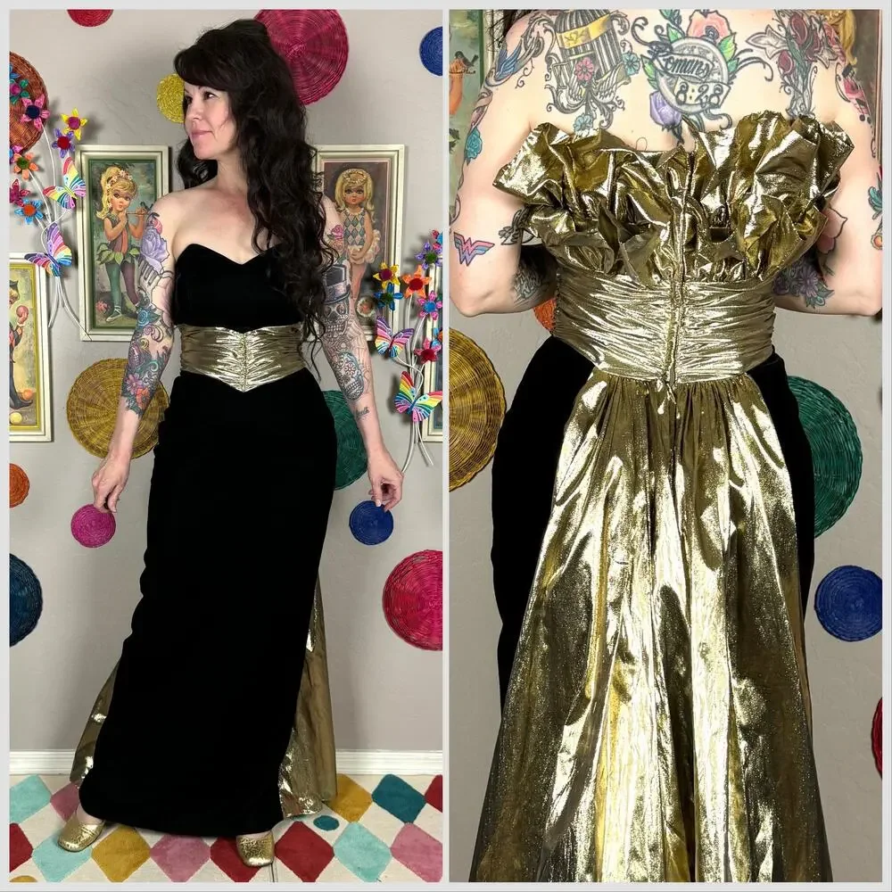 Vintage 1980s Strapless Black Velvet and Gold Lamé Evening Gown - Picture 1 of 8